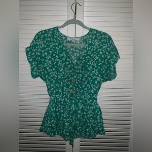 Sweet Rain Green Floral Front-Tie Button-Up Blouse